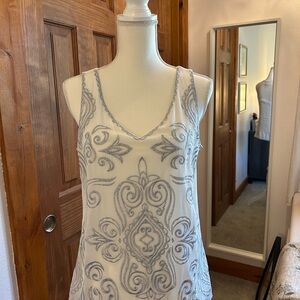 White House Black Market White and Blue/Gray Embroidered Tank Top